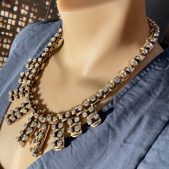 J CREW - necklace: gold tone w asymmetrical chunks & rhinestones throughout - Picture 3 of 16